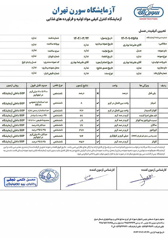 برگه آزمایشگاه عسل بادام تلخ هاچ لند