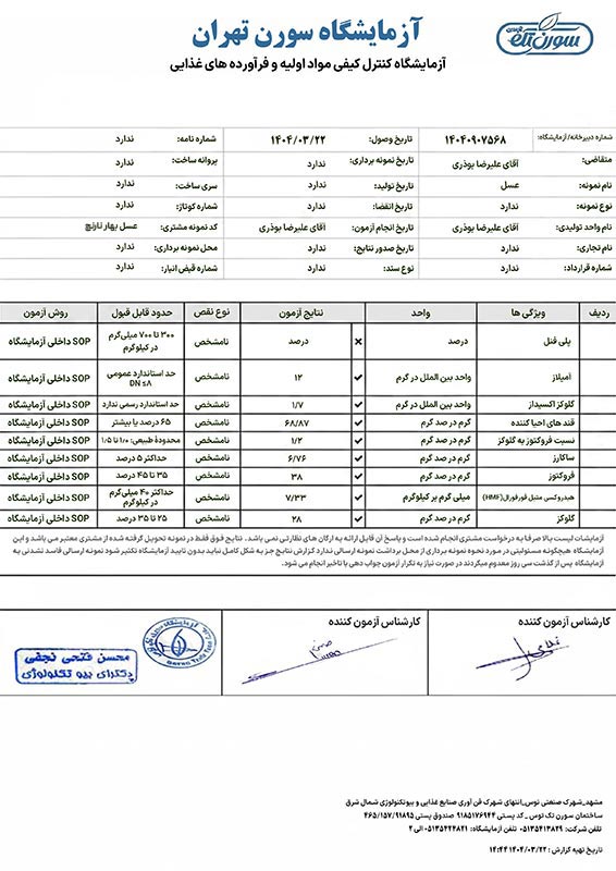 برگه آزمایشگاه عسل بهار نارنج هاچ لند