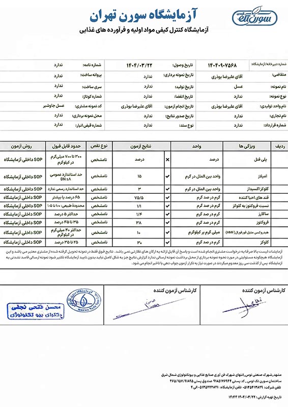برگه آزمایشگاه عسل جاوشیر هاچ لند