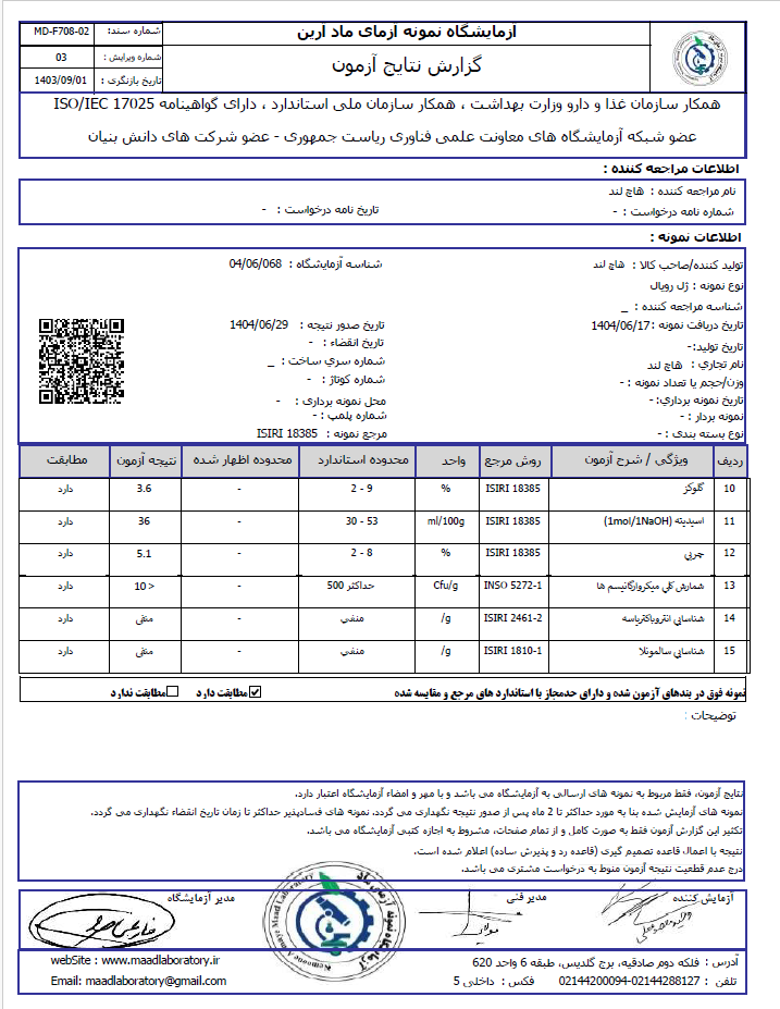 برگه اصالت آزمایشگاهی ژل رویال هاچ لند