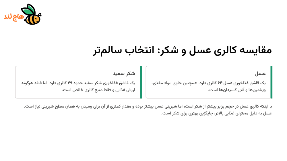 کالری عسل در مقایسه با شکر